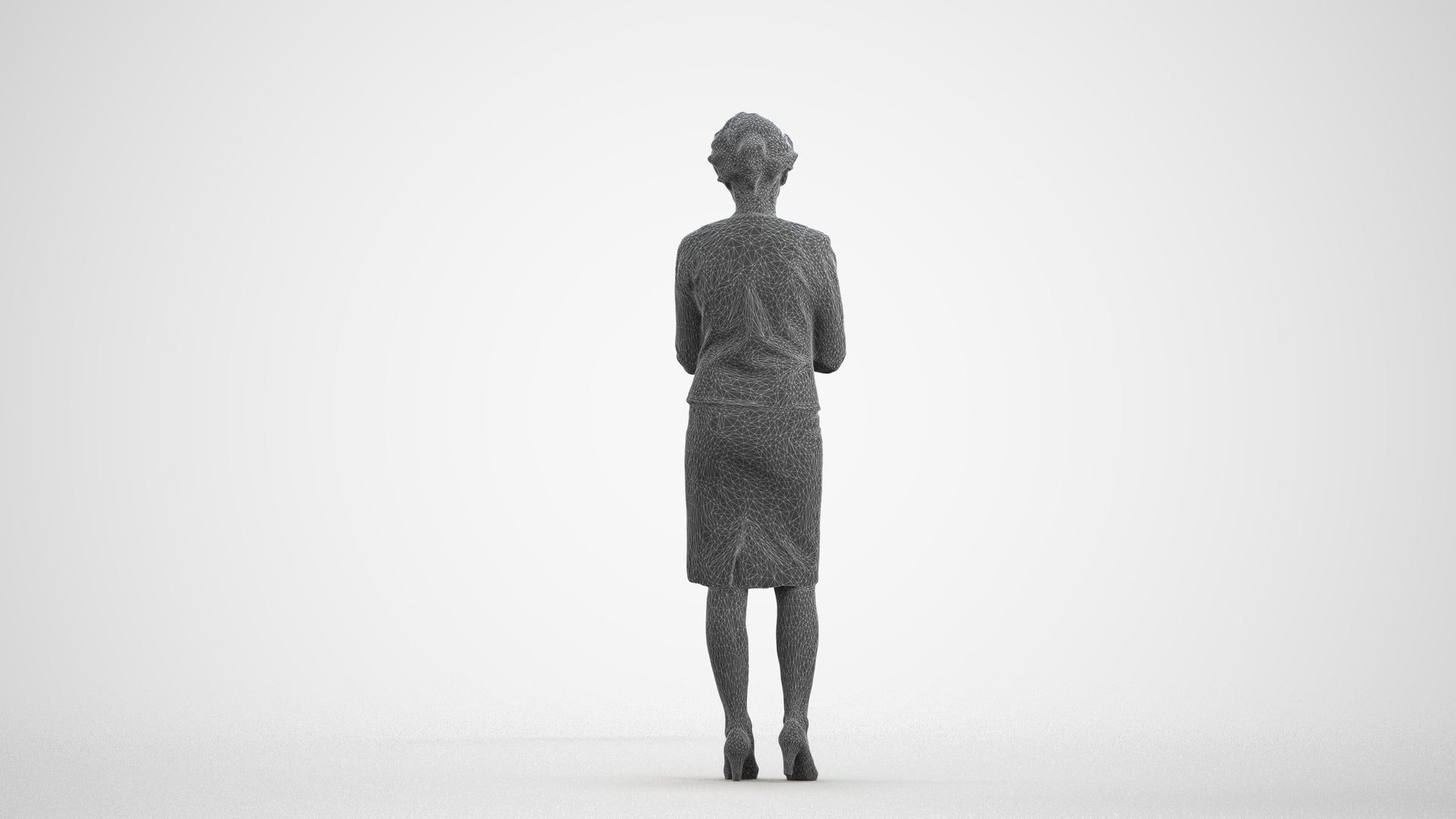 3D scanned woman standing business, photorealistic archviz people for Enscape and SketchUp, wireframe front view