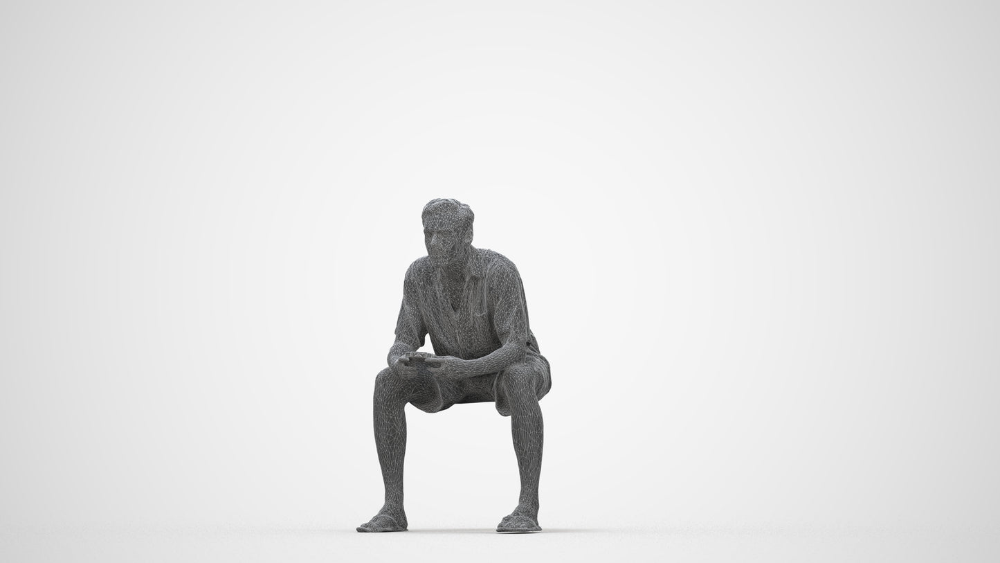 scanned 3D man casual sitting, photogrammetry people for Enscape and V-Ray, wireframe back view