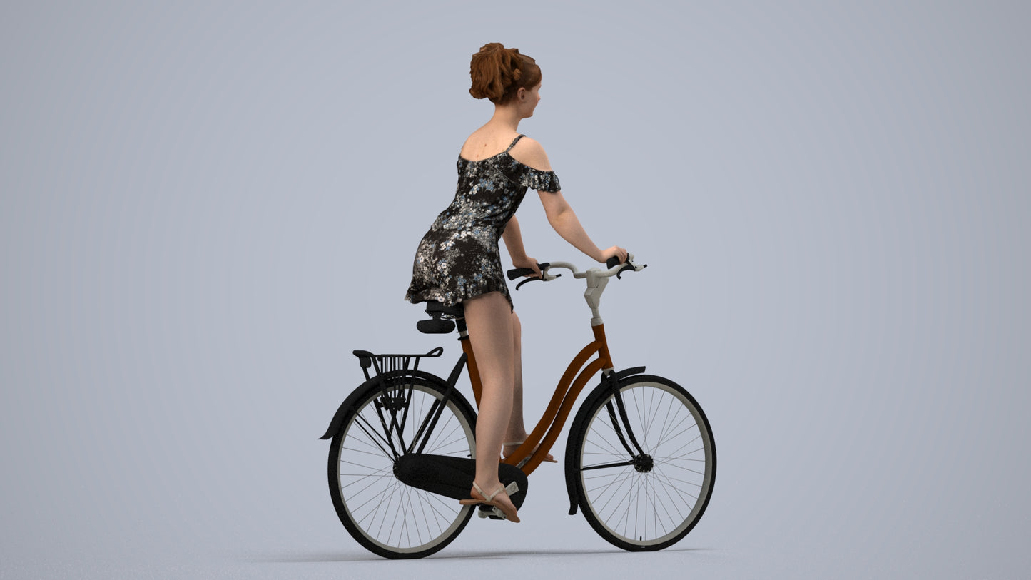 scanned 3D girl casual cycling, photogrammetry people for Enscape and V-Ray, side view render