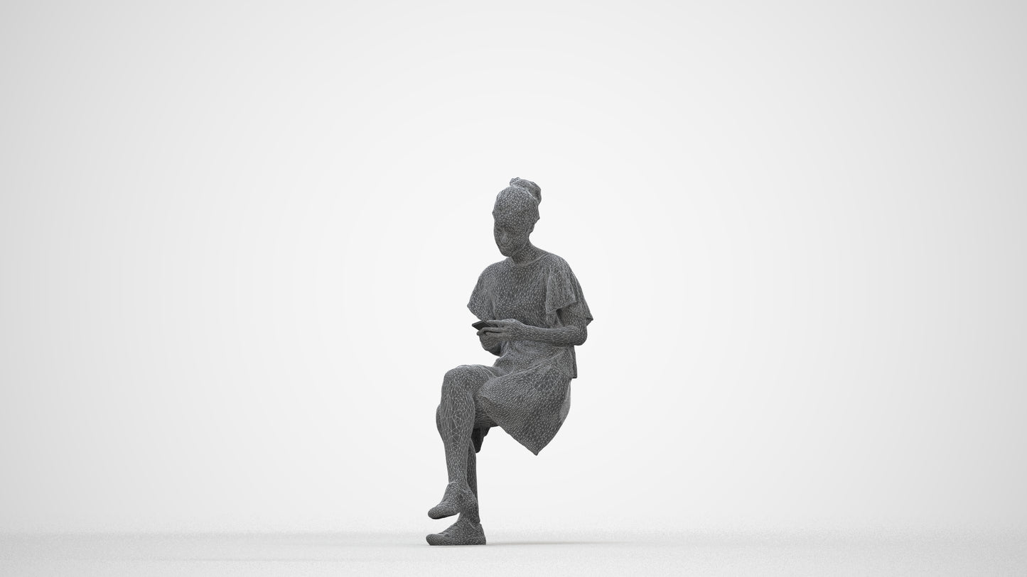 realistic 3D human woman casual sitting, archviz people FBX OBJ for Blender, wireframe back view