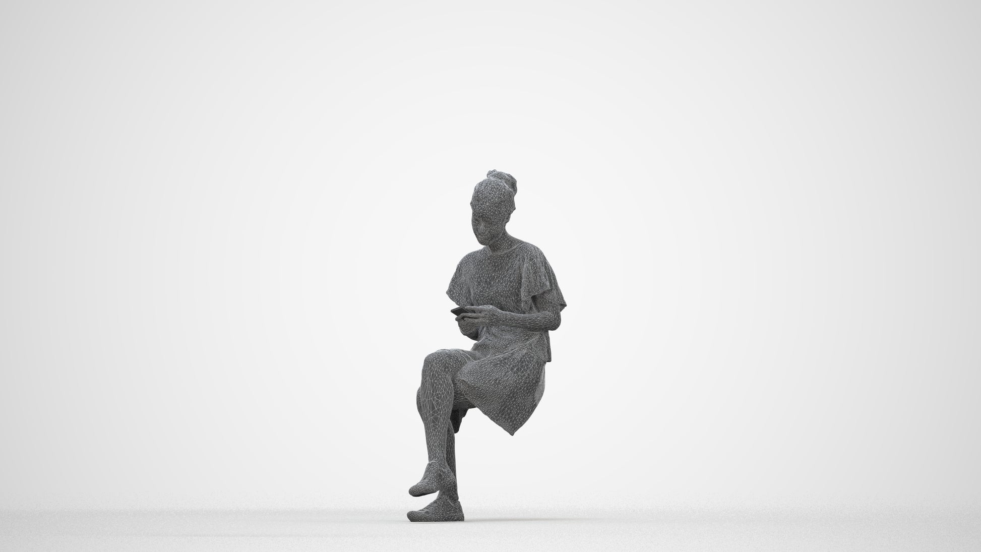 realistic 3D human woman casual sitting, archviz people FBX OBJ for Blender, wireframe back view