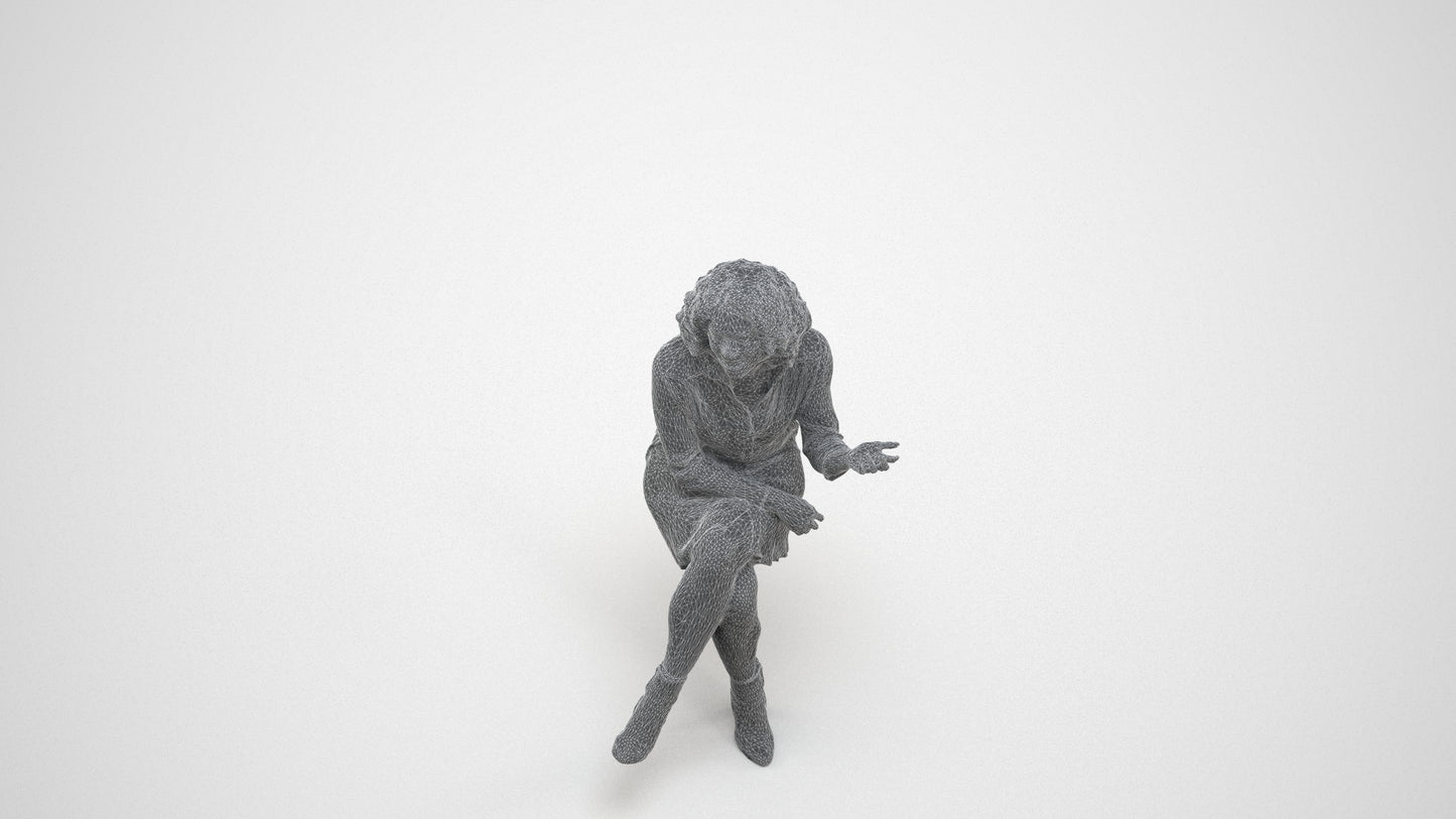 realistic 3D people woman casual sitting, render-ready for V-Ray and Corona, FBX OBJ, wireframe three-quarter view