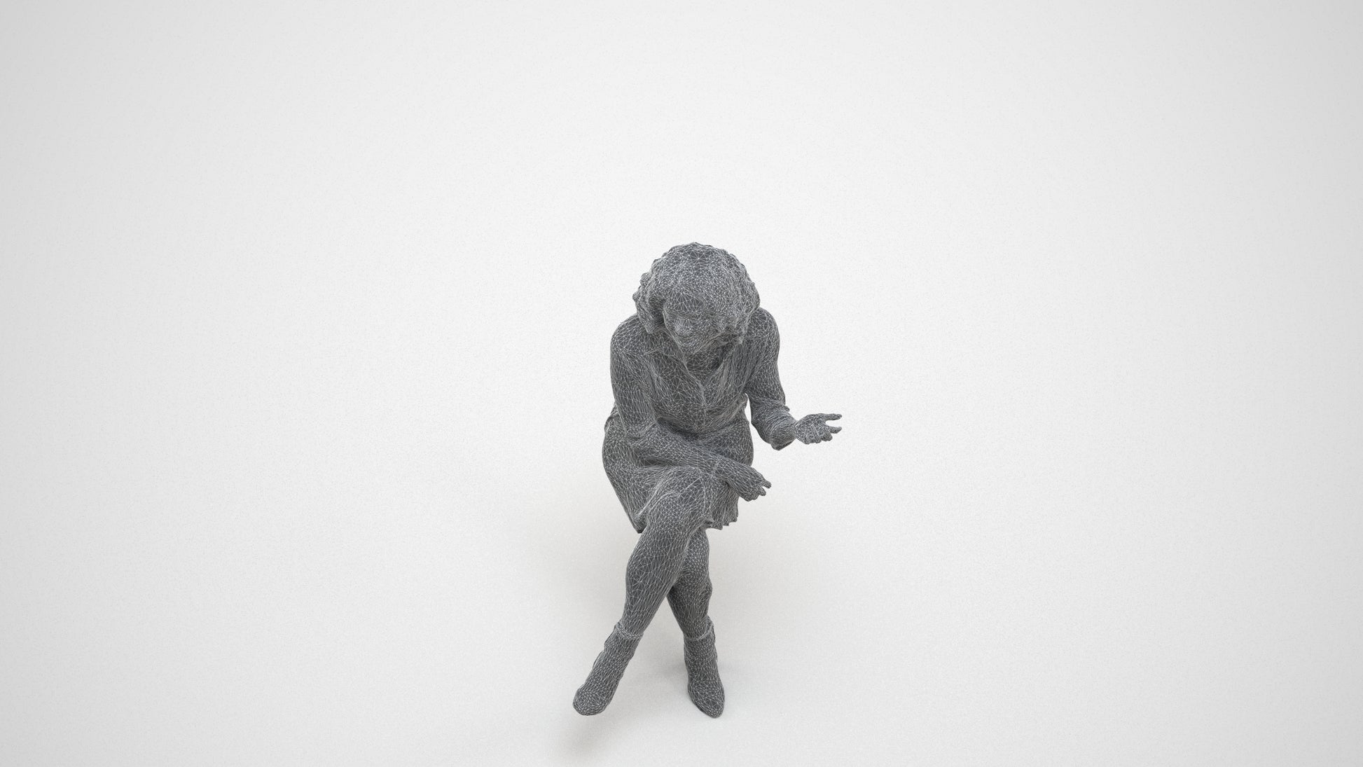 realistic 3D people woman casual sitting, render-ready for V-Ray and Corona, FBX OBJ, wireframe three-quarter view