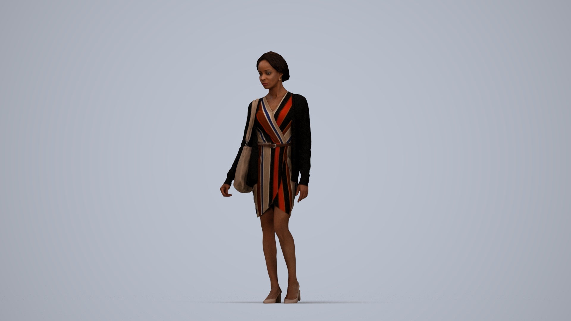 realistic 3D people woman casual walking, render-ready for V-Ray and Corona, FBX OBJ, top-down view render