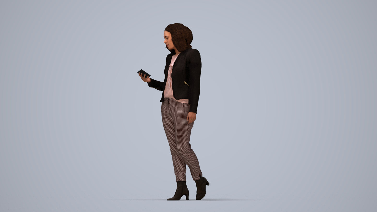 realistic 3D woman business walking, scanned archviz people for Blender and 3ds Max, top-down view render