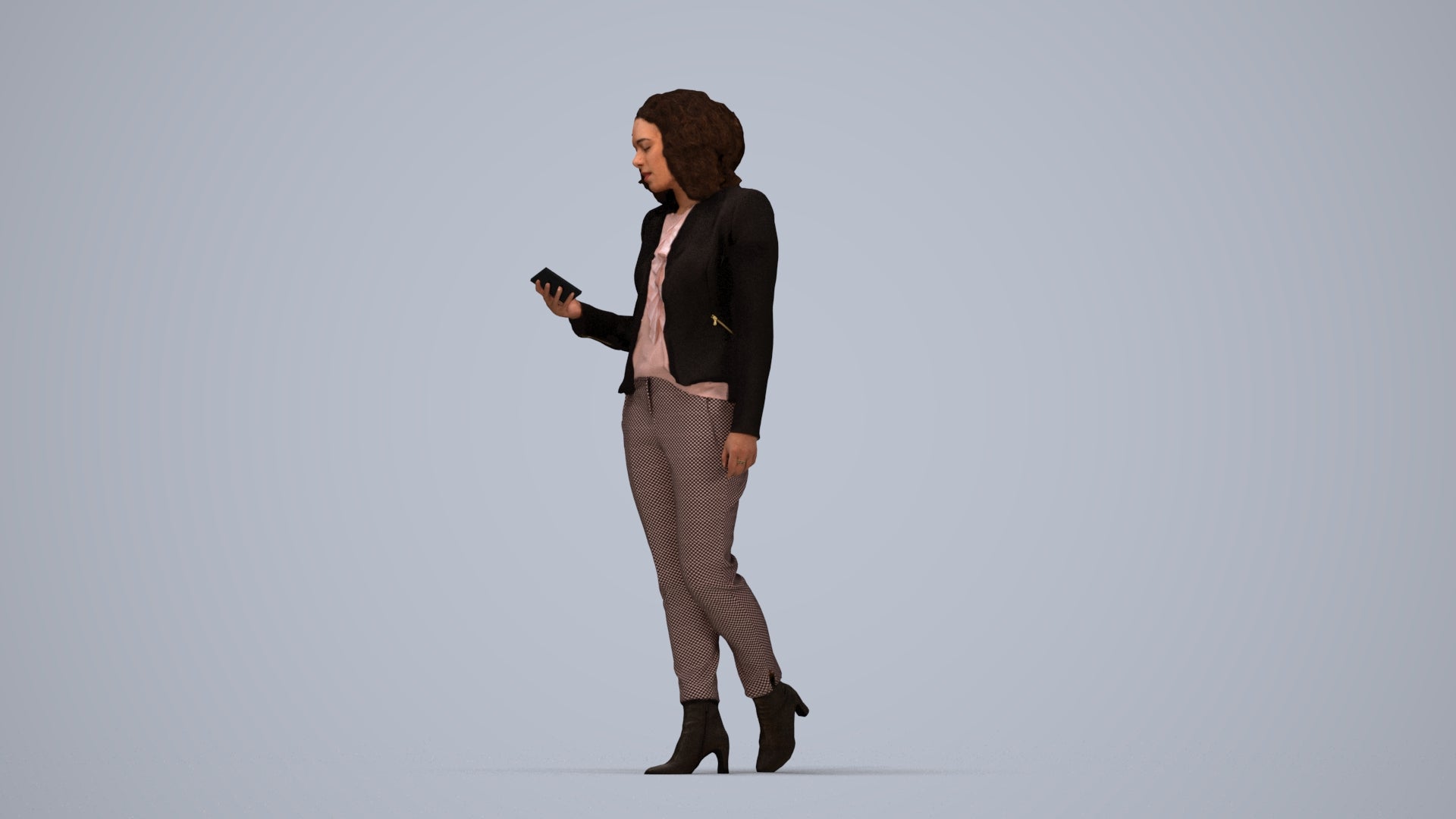 realistic 3D woman business walking, scanned archviz people for Blender and 3ds Max, top-down view render