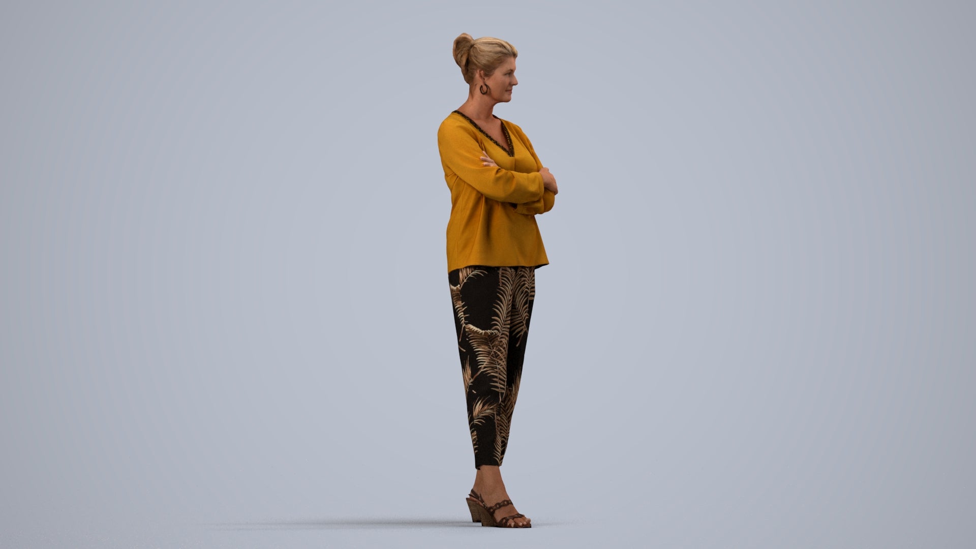 realistic 3D woman casual standing, scanned archviz people for Blender and 3ds Max, side view render