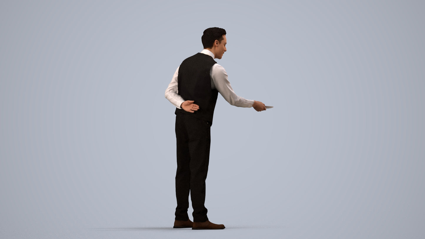 3D people model man hospitality, scanned human for 3ds Max rendering, side view render