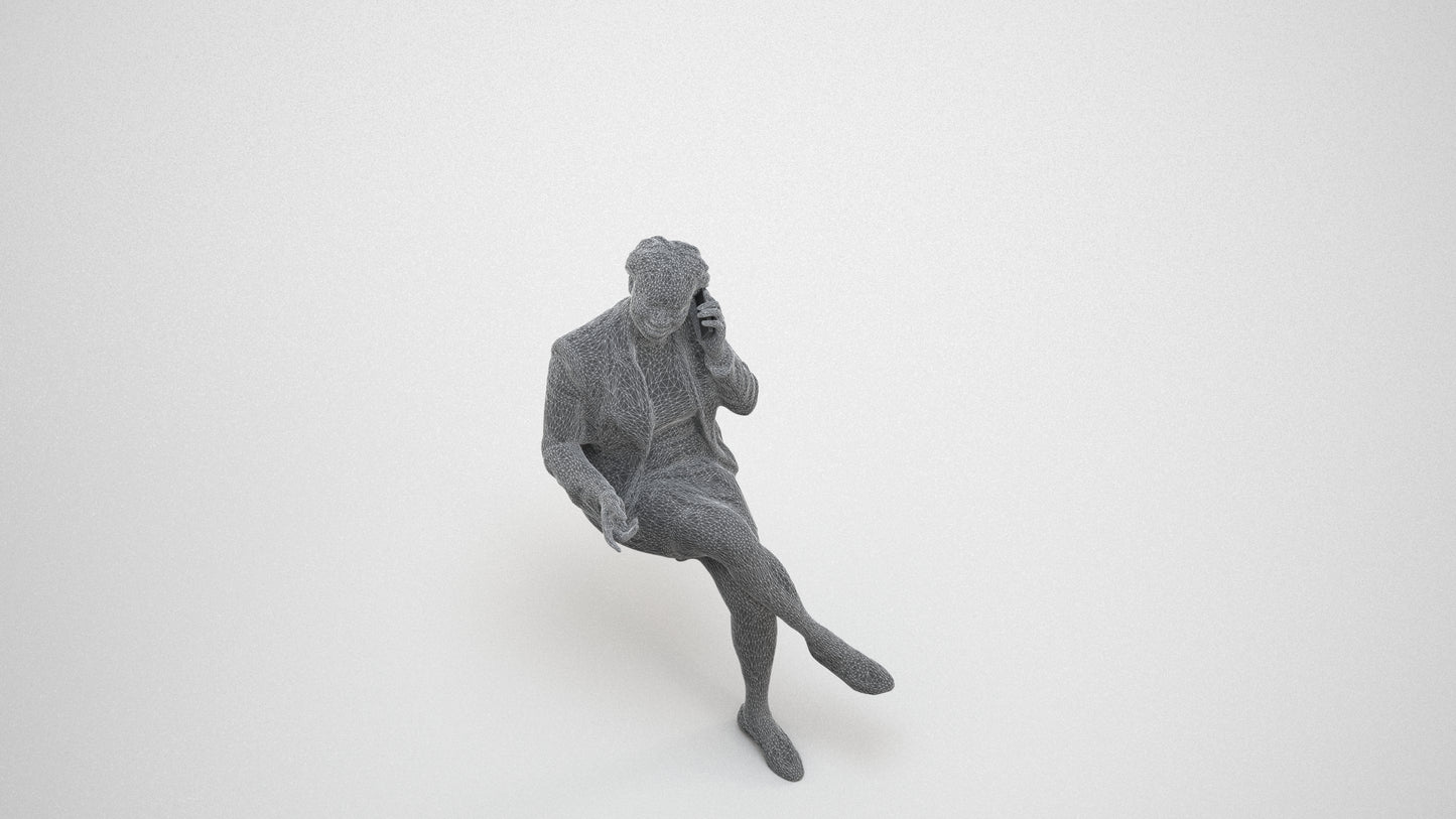 realistic 3D people woman business sitting, render-ready for V-Ray and Corona, FBX OBJ, wireframe three-quarter view