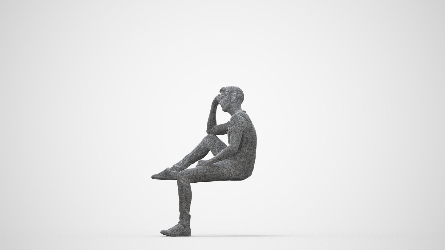 3D people model man casual sitting, scanned human for 3ds Max rendering, wireframe back view