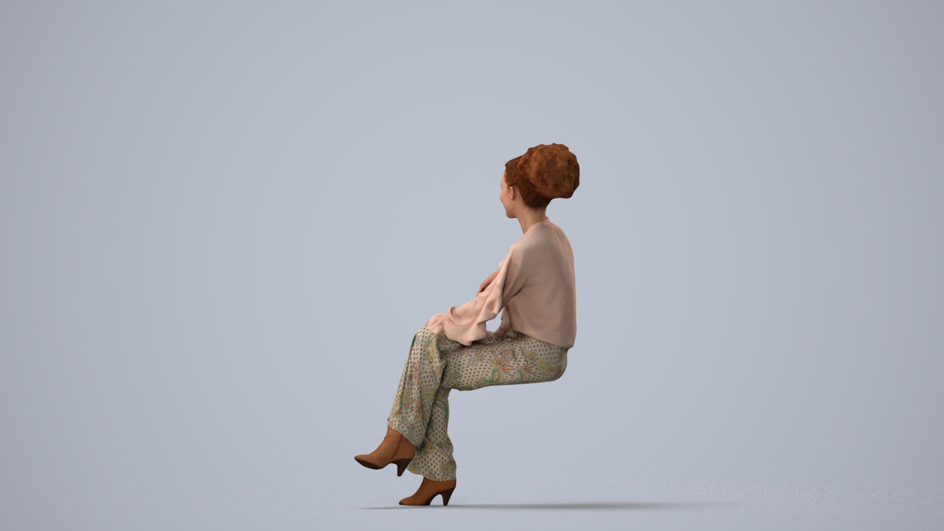 realistic 3D people woman casual sitting, render-ready for V-Ray and Corona, FBX OBJ, three-quarter view render