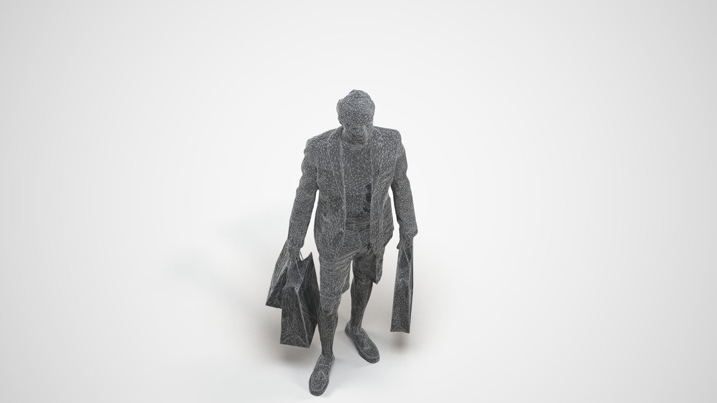 photogrammetry 3D man business shopping, realistic human model archviz FBX, wireframe three-quarter view