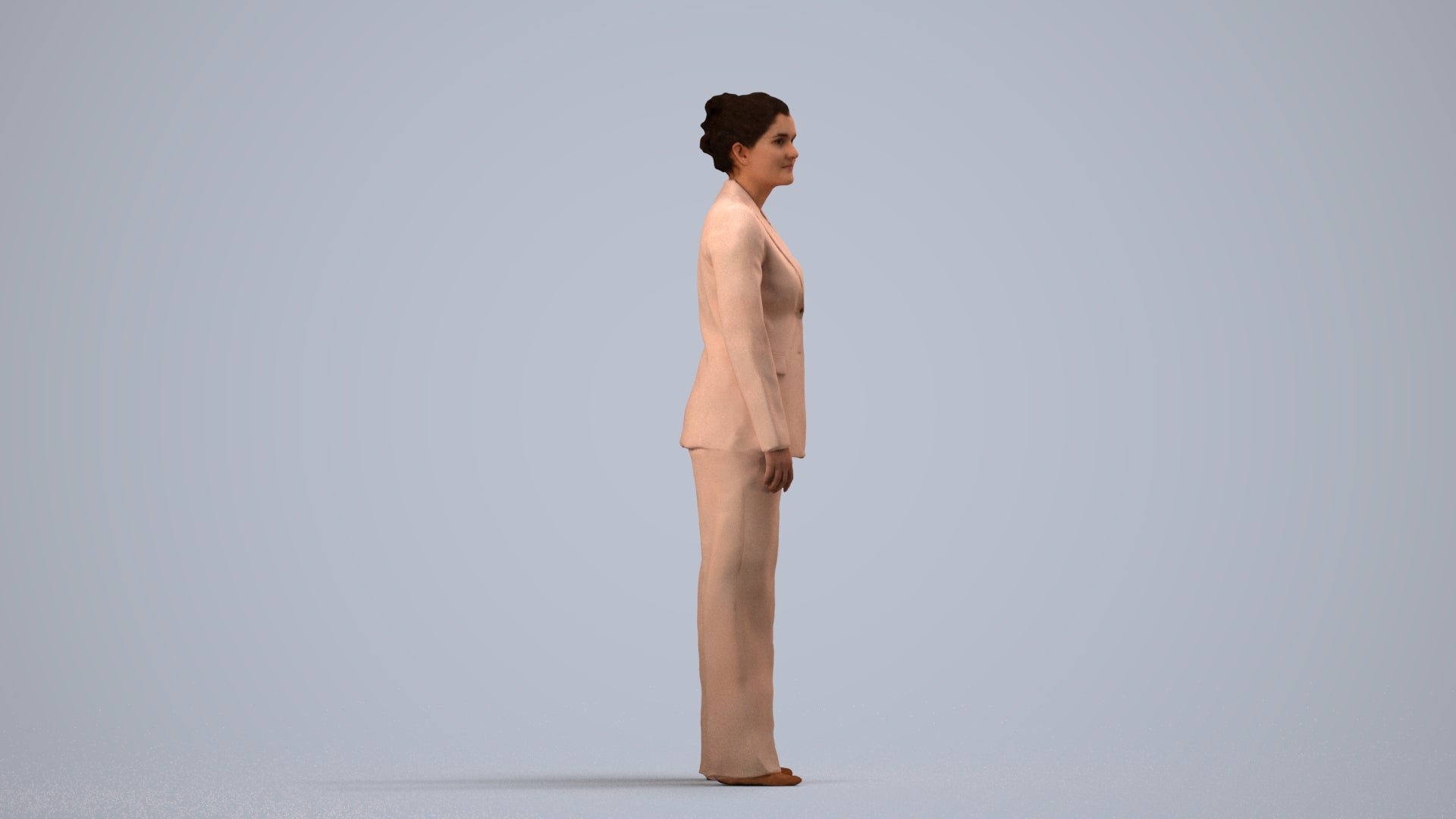 3D scanned woman standing business, photorealistic archviz people for Enscape and SketchUp, side view render