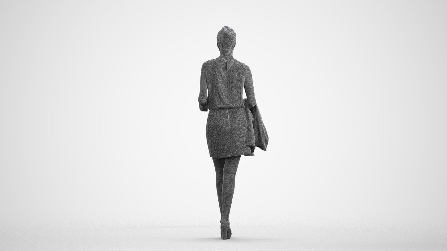 realistic 3D woman business walking, scanned archviz people for Blender and 3ds Max, wireframe front view