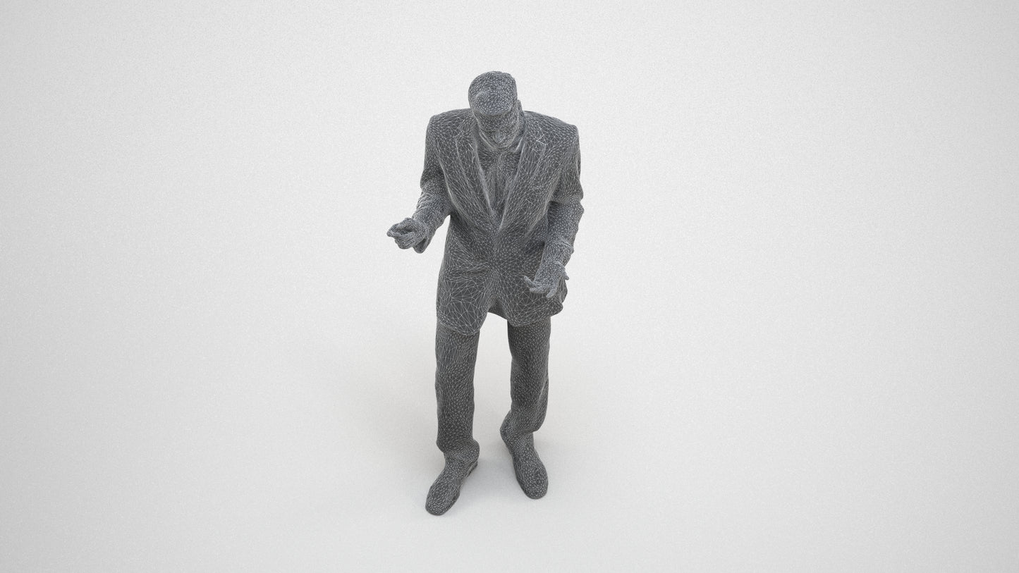3D human model man business, photogrammetry scanned person for archviz, wireframe three-quarter view