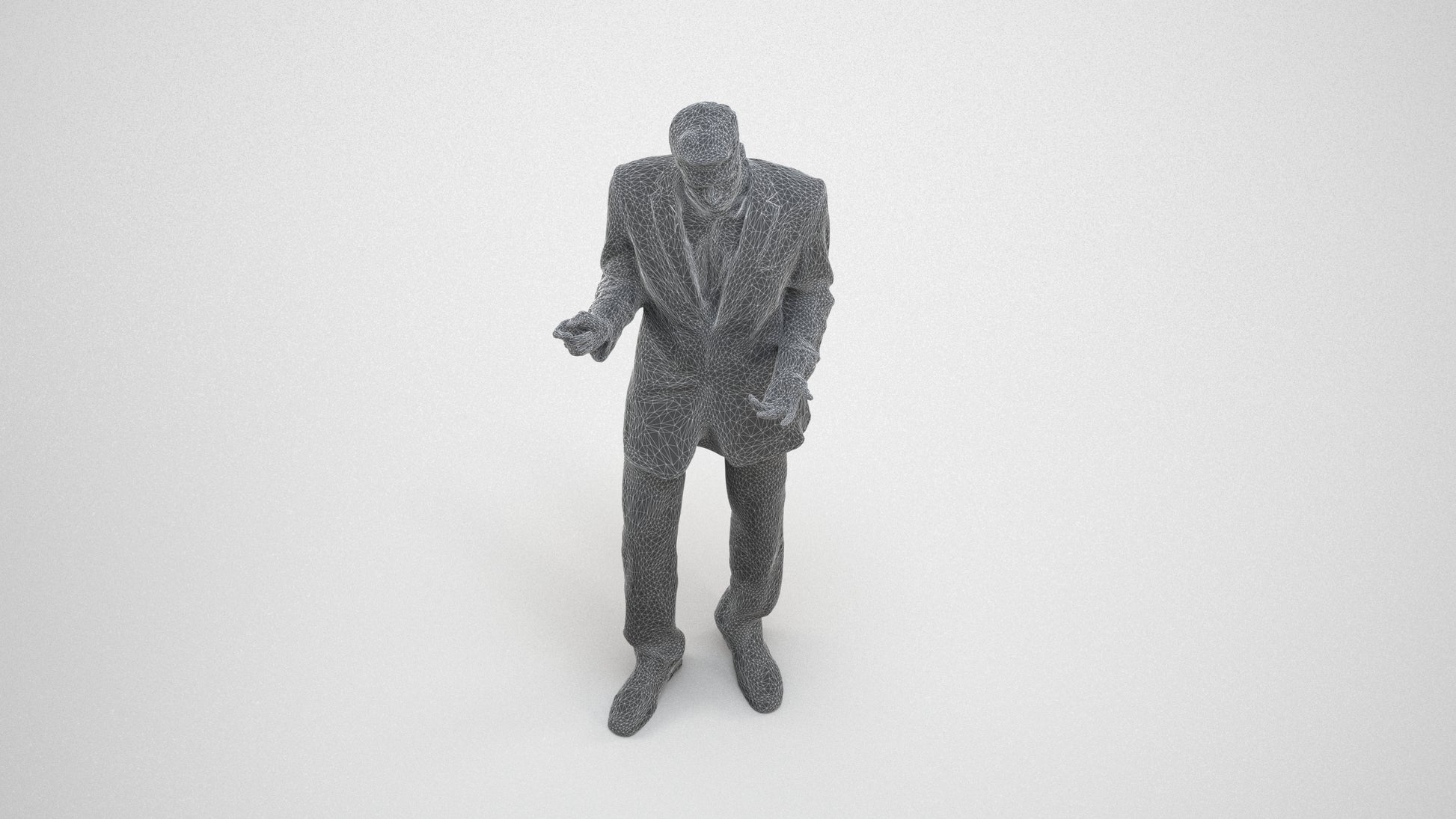 3D human model man business, photogrammetry scanned person for archviz, wireframe three-quarter view