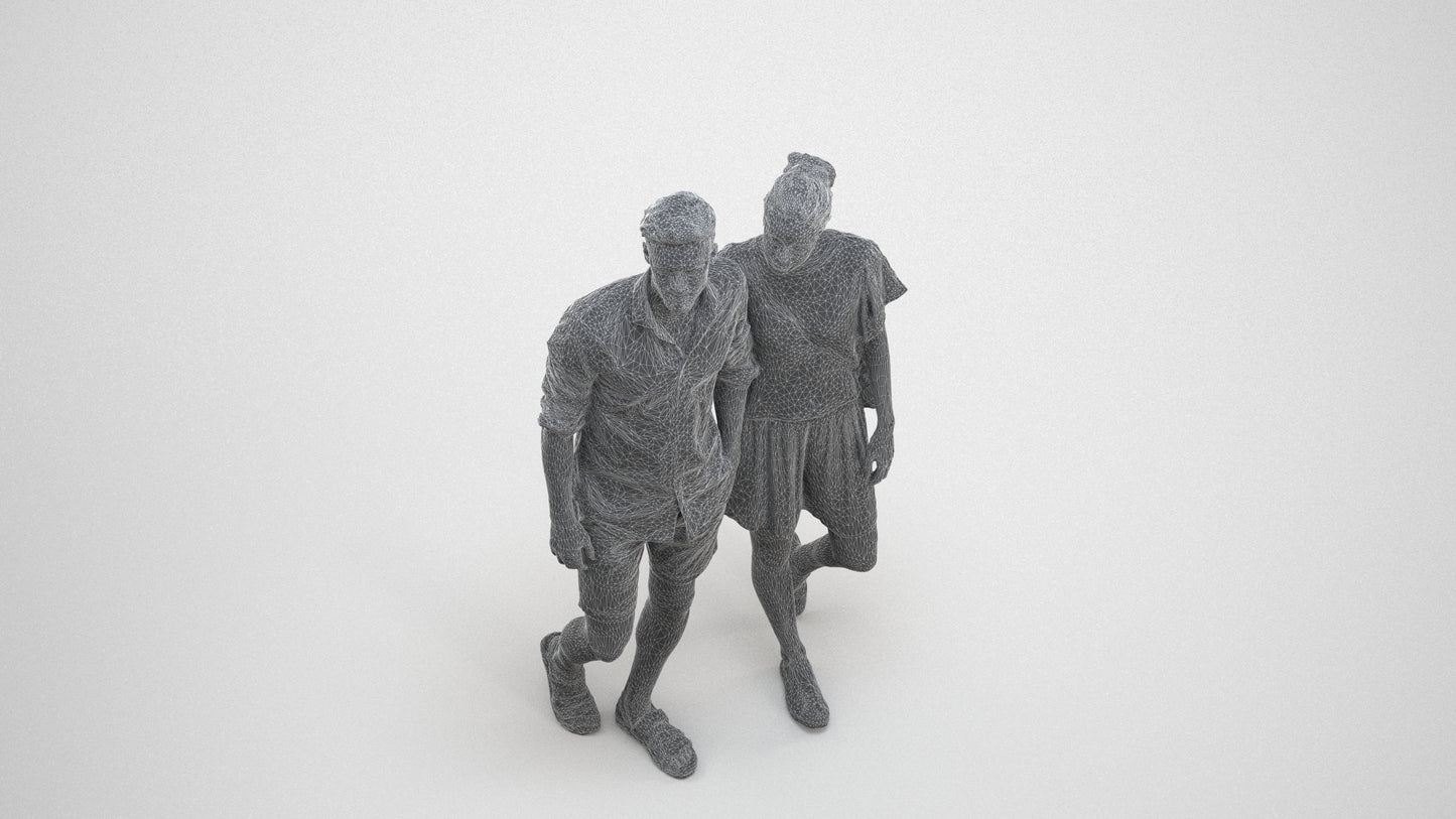realistic 3D people woman casual couple, render-ready for V-Ray and Corona, FBX OBJ, wireframe three-quarter view