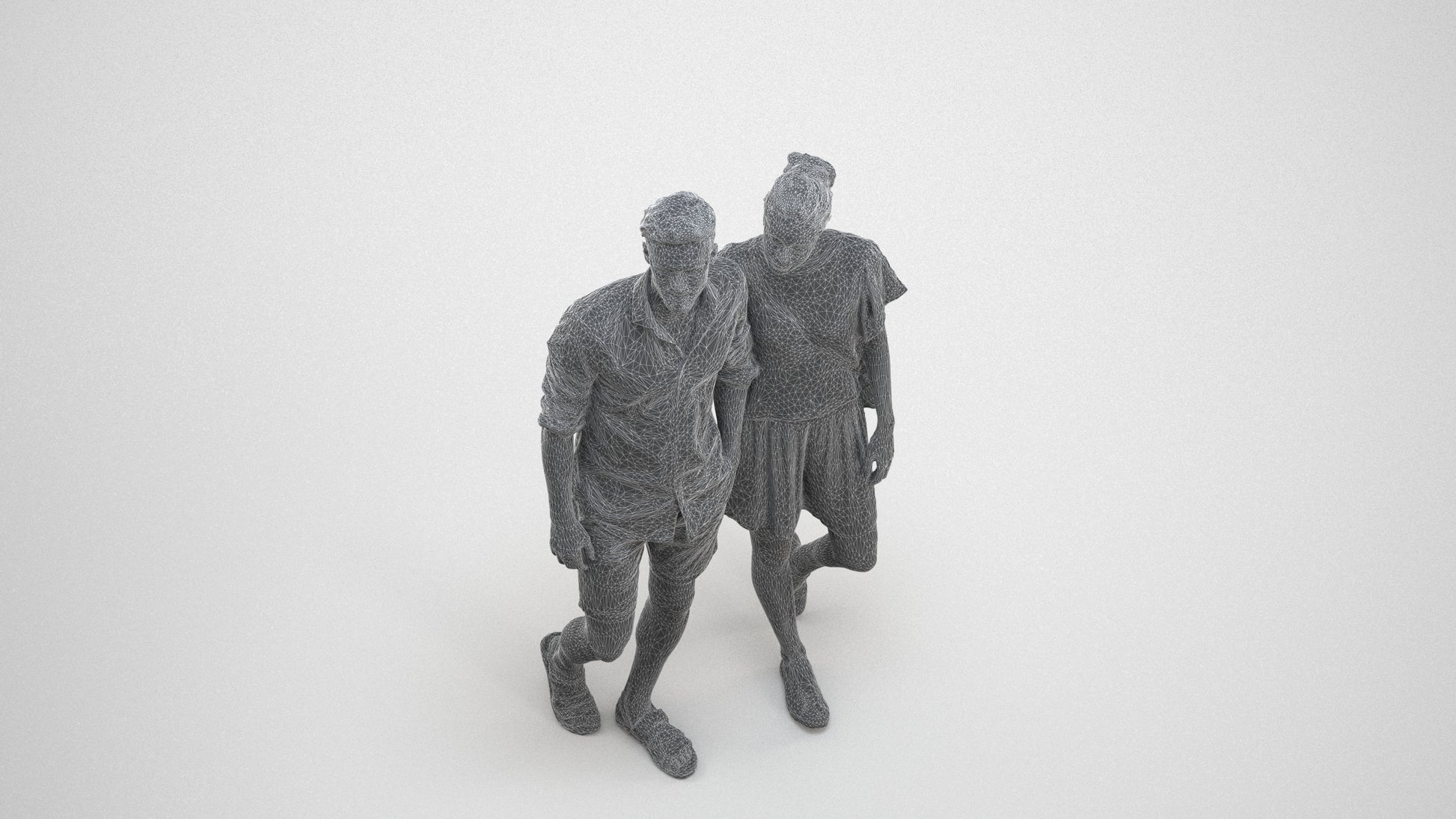 realistic 3D people woman casual couple, render-ready for V-Ray and Corona, FBX OBJ, wireframe three-quarter view