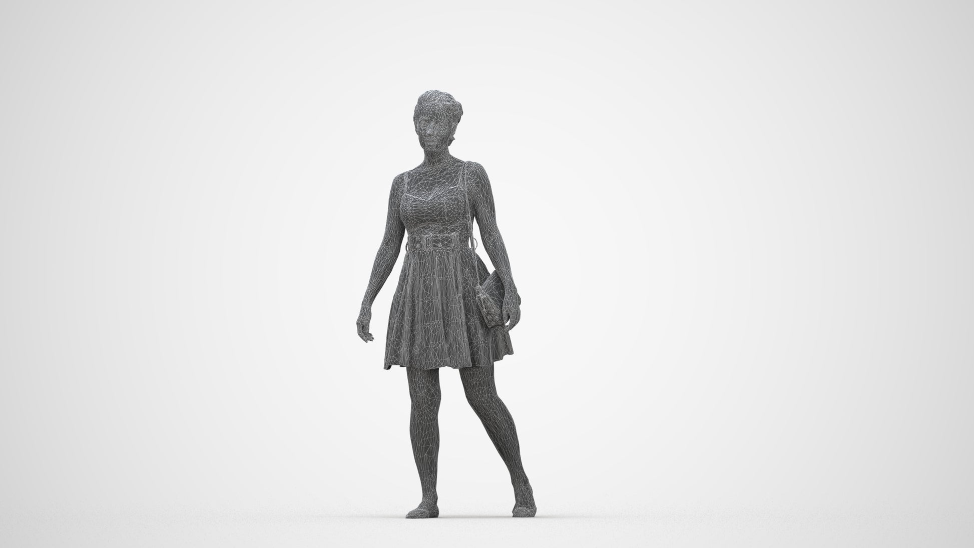 3D human model woman formal formalaffairs, photogrammetry scanned person for archviz, wireframe back view