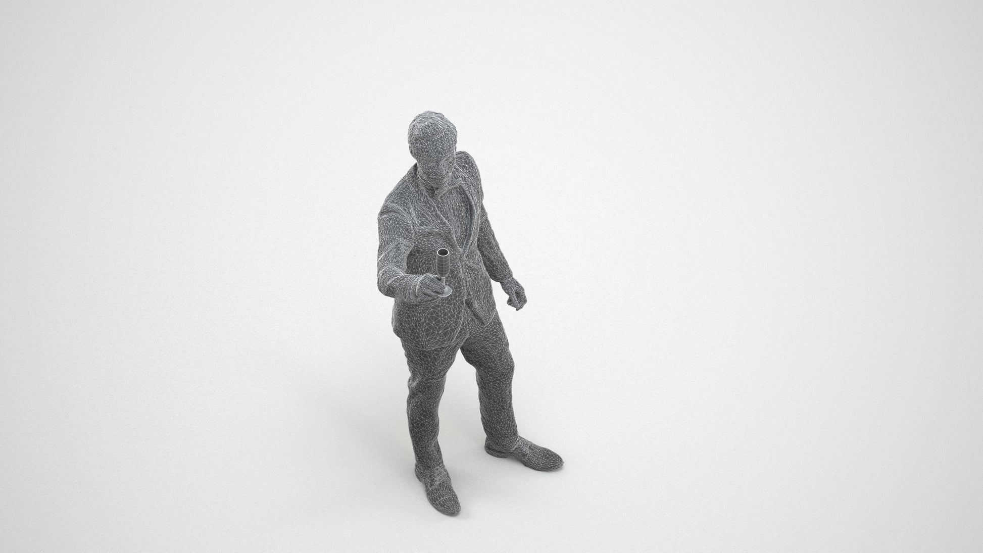 3D human model man formal cycling, photogrammetry scanned person for archviz, wireframe three-quarter view