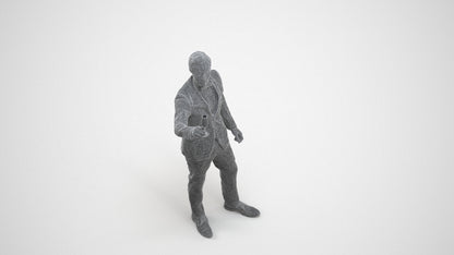 3D human model man formal cycling, photogrammetry scanned person for archviz, wireframe three-quarter view