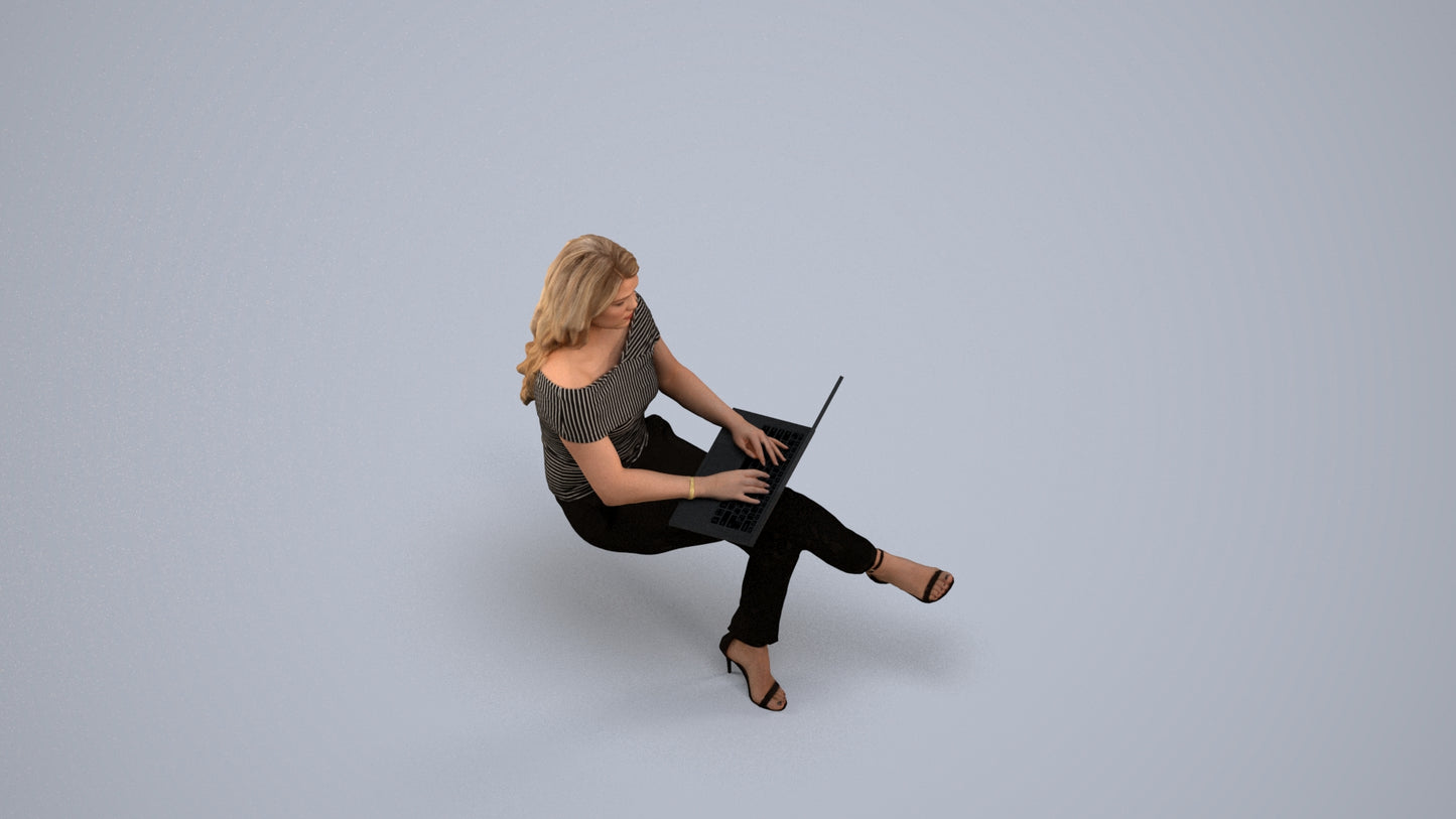 realistic 3D human woman business sitting, archviz people FBX OBJ for Blender, back view render