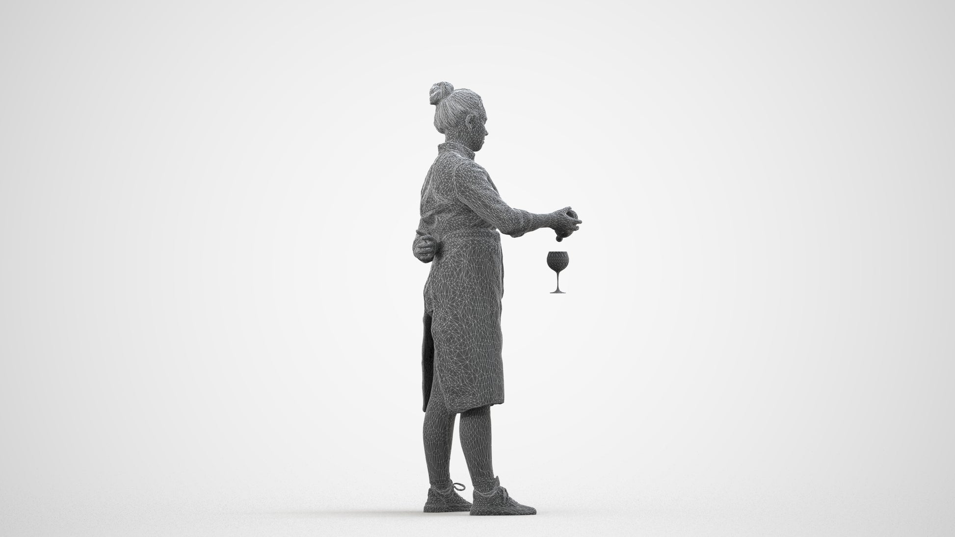 scanned 3D woman casual hospitality, photogrammetry people for Enscape and V-Ray, wireframe side view