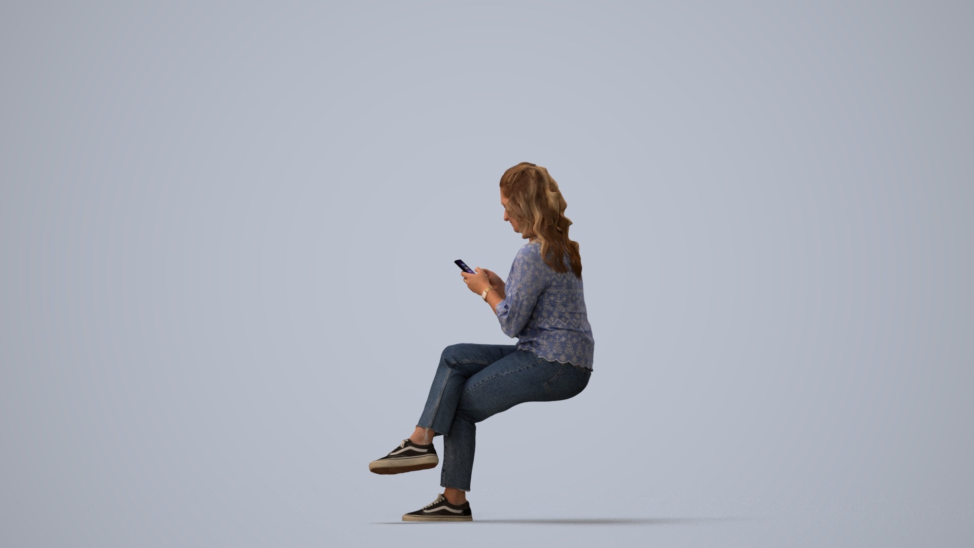 realistic 3D human woman casual sitting, archviz people FBX OBJ for Blender, three-quarter view render