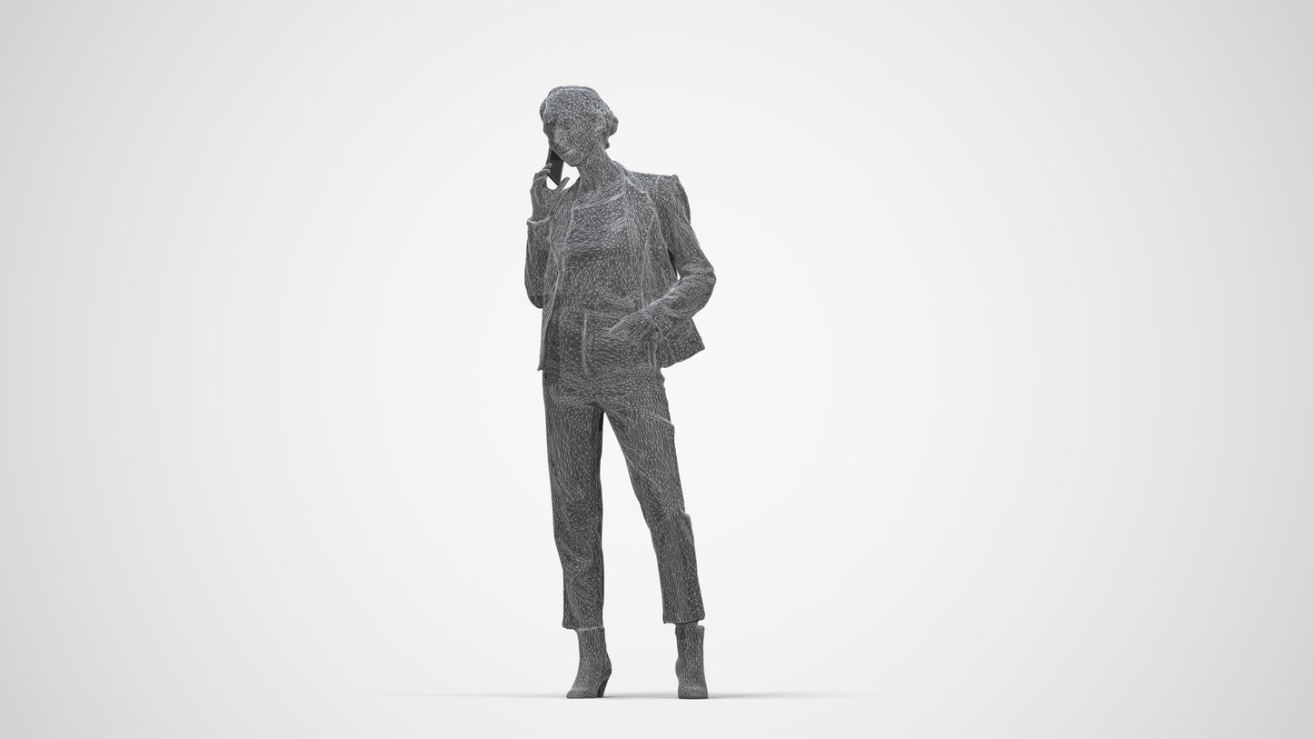 3D scanned woman standing business, photorealistic archviz people for Enscape and SketchUp, wireframe back view