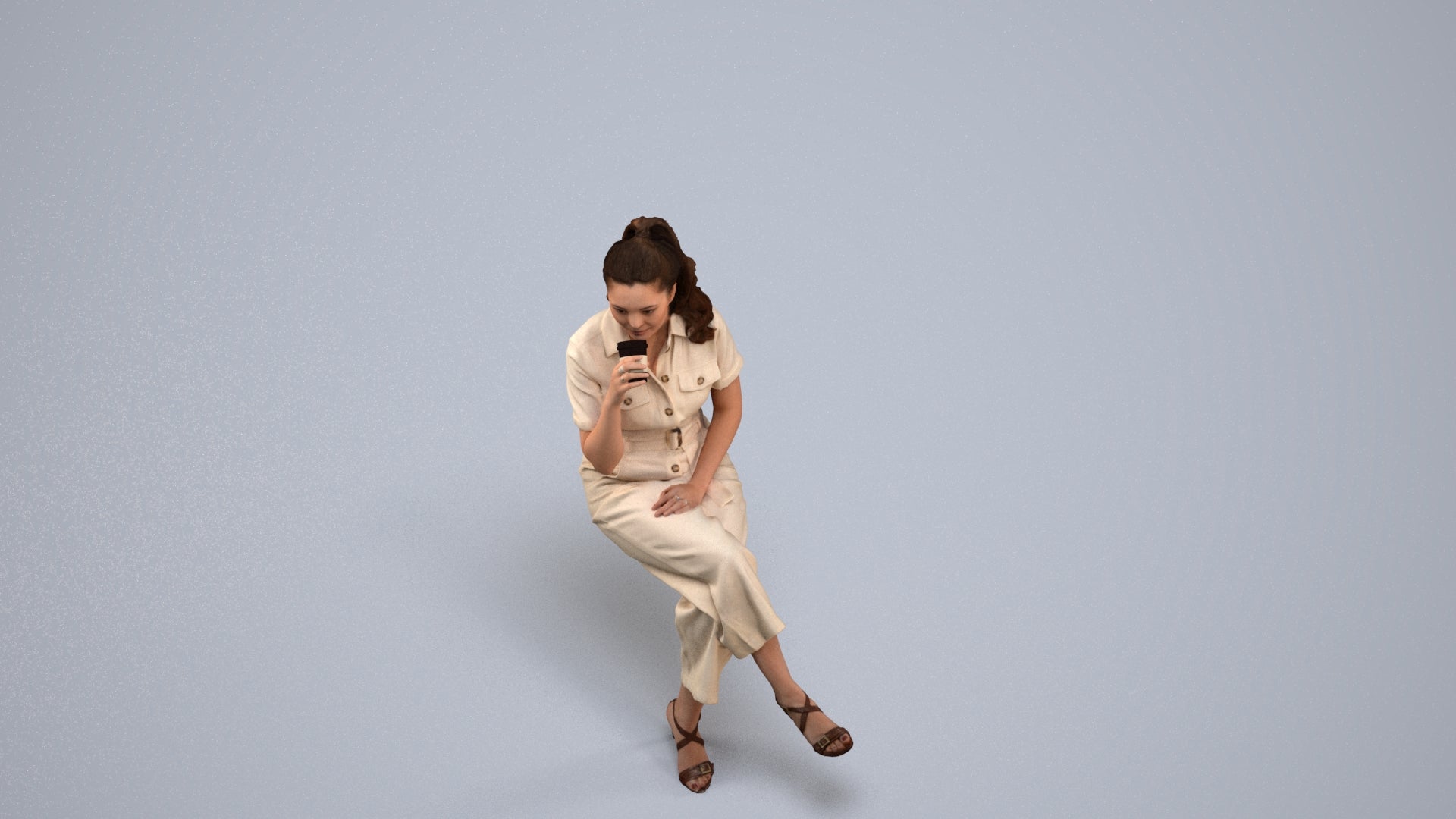 3D scanned woman sitting formal, photorealistic archviz people for Enscape and SketchUp, back view render