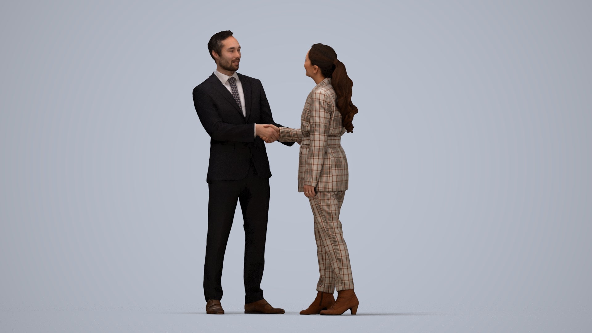 3D human model woman formal business, photogrammetry scanned person for archviz, top-down view render