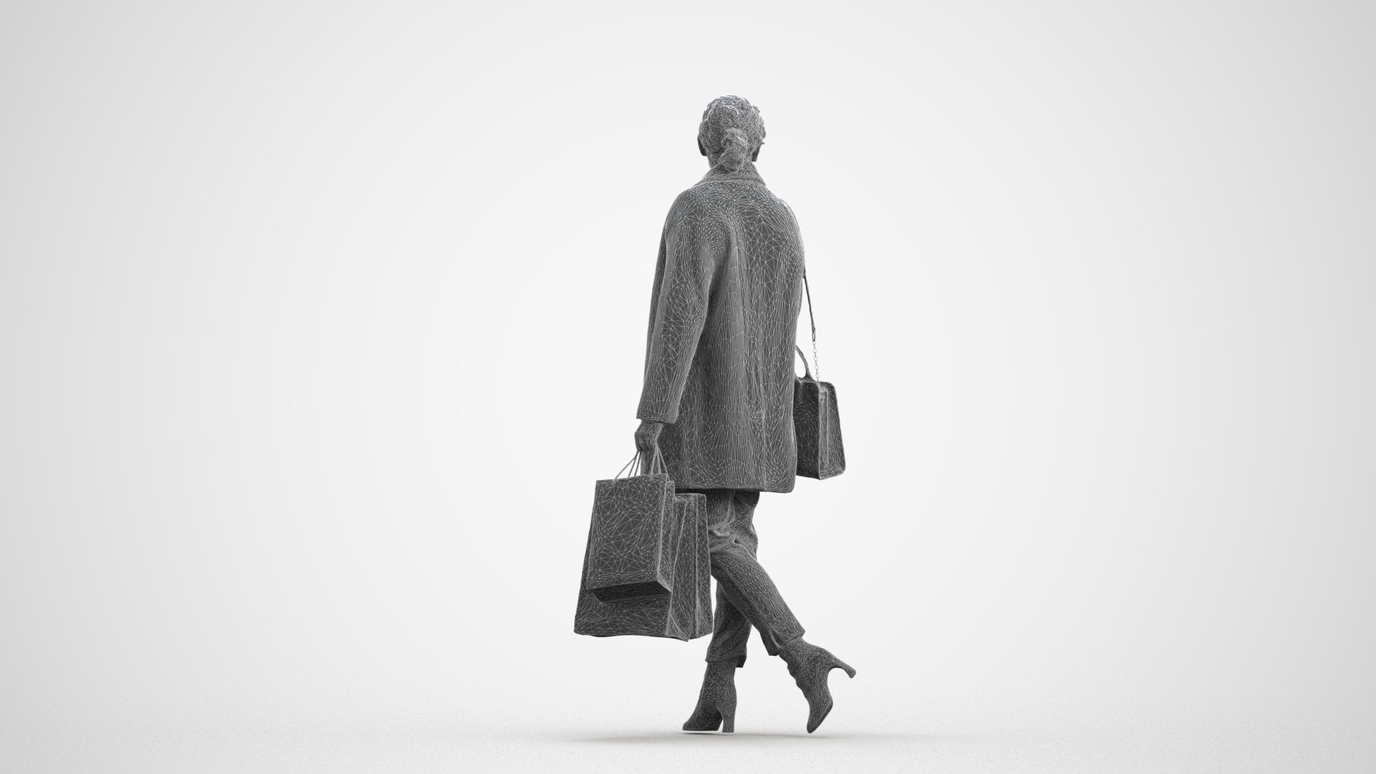 realistic 3D woman business shopping, scanned archviz people for Blender and 3ds Max, wireframe front view