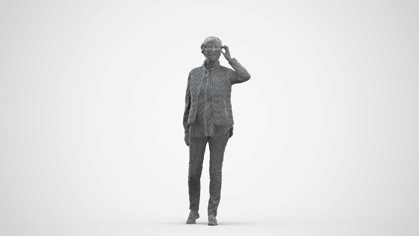 3D human model senior woman casual standing, photogrammetry scanned person for archviz, three-quarter front view render