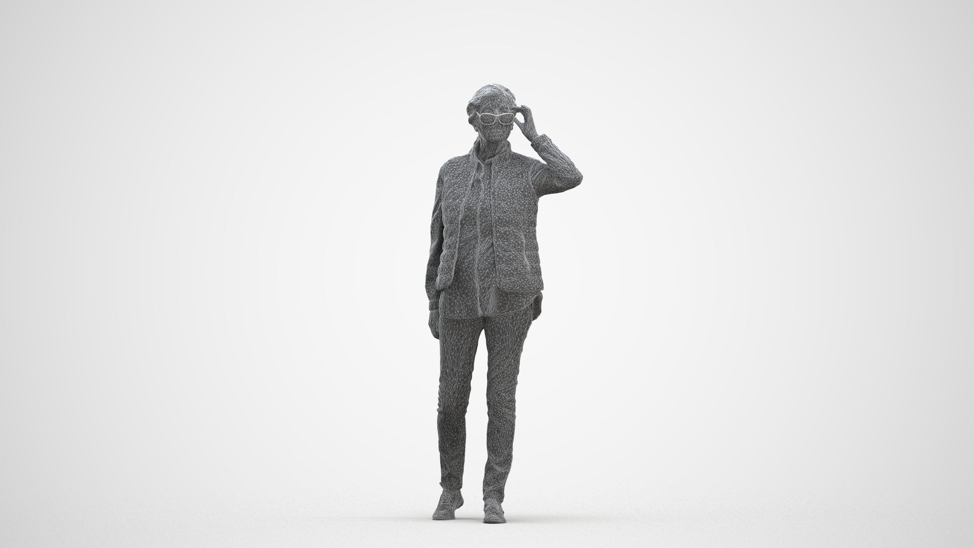 3D human model senior woman casual standing, photogrammetry scanned person for archviz, three-quarter front view render