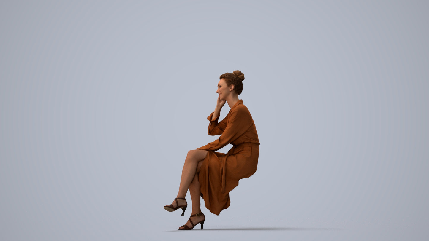 realistic 3D woman casual sitting, scanned archviz people for Blender and 3ds Max, three-quarter view render
