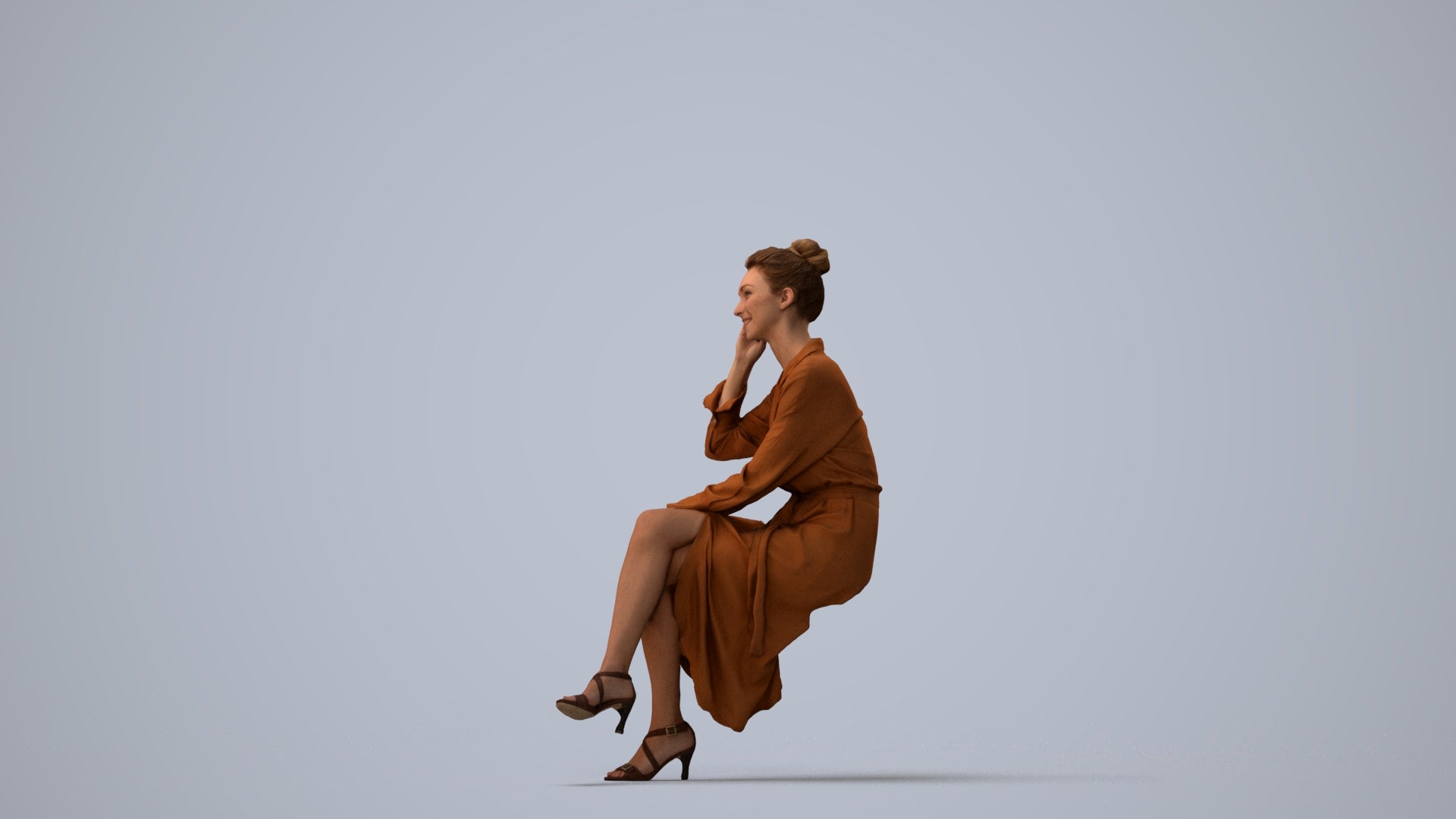 realistic 3D woman casual sitting, scanned archviz people for Blender and 3ds Max, three-quarter view render