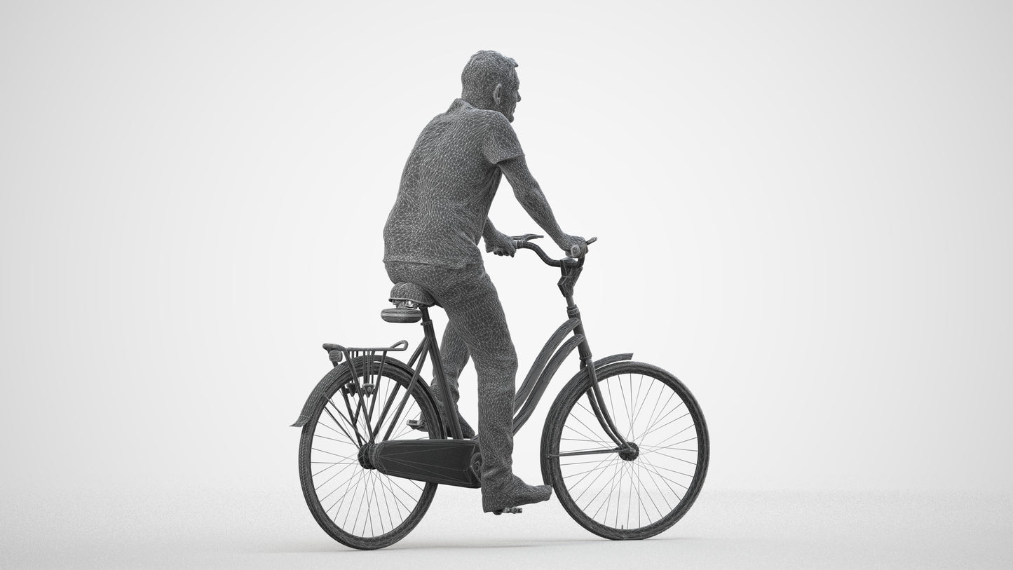 realistic 3D senior man casual cycling, scanned archviz people for Blender and 3ds Max, wireframe side view