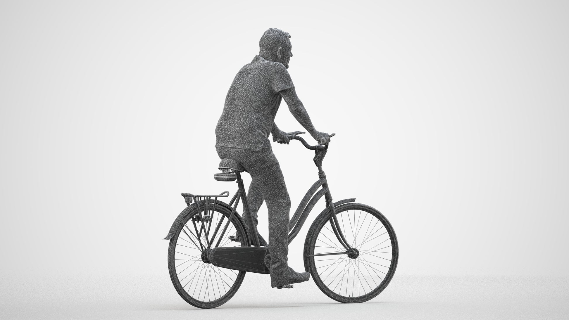 realistic 3D senior man casual cycling, scanned archviz people for Blender and 3ds Max, wireframe side view