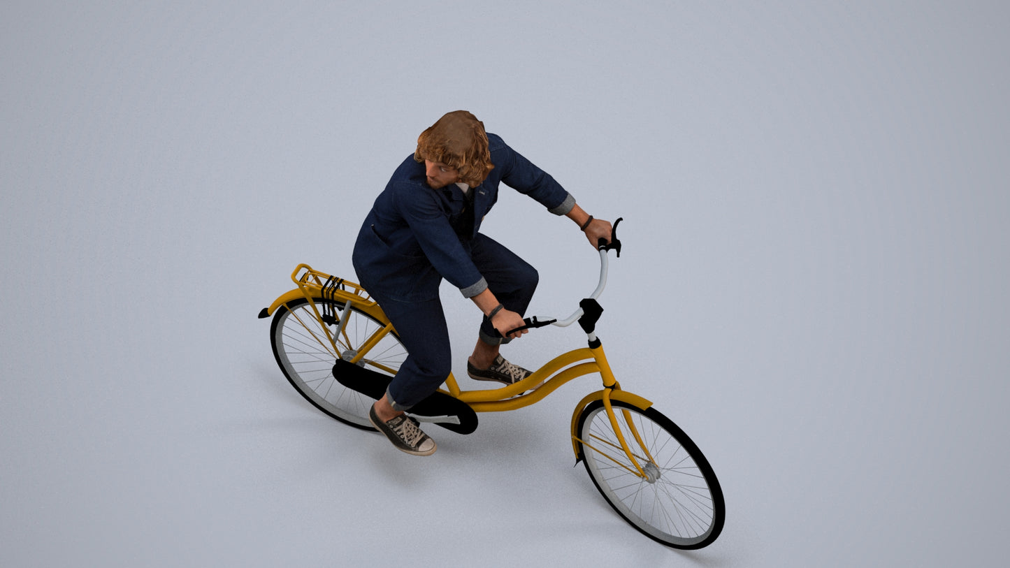photogrammetry 3D man casual cycling, realistic human model archviz FBX, back view render