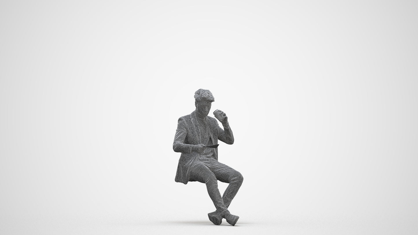 3D human model man casual sitting, photogrammetry scanned person for archviz, three-quarter front view render