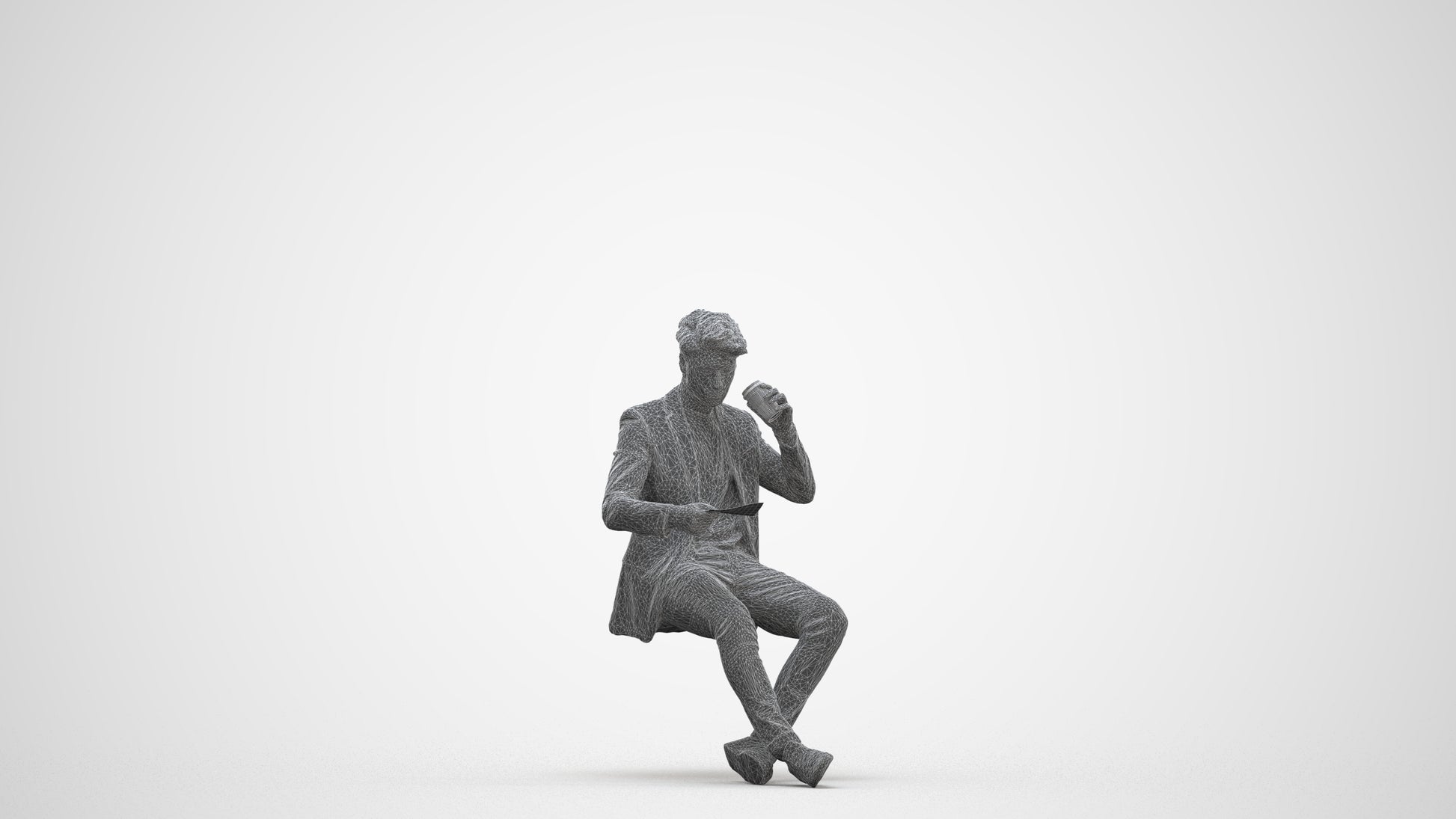3D human model man casual sitting, photogrammetry scanned person for archviz, three-quarter front view render