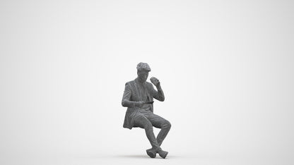 3D human model man casual sitting, photogrammetry scanned person for archviz, three-quarter front view render