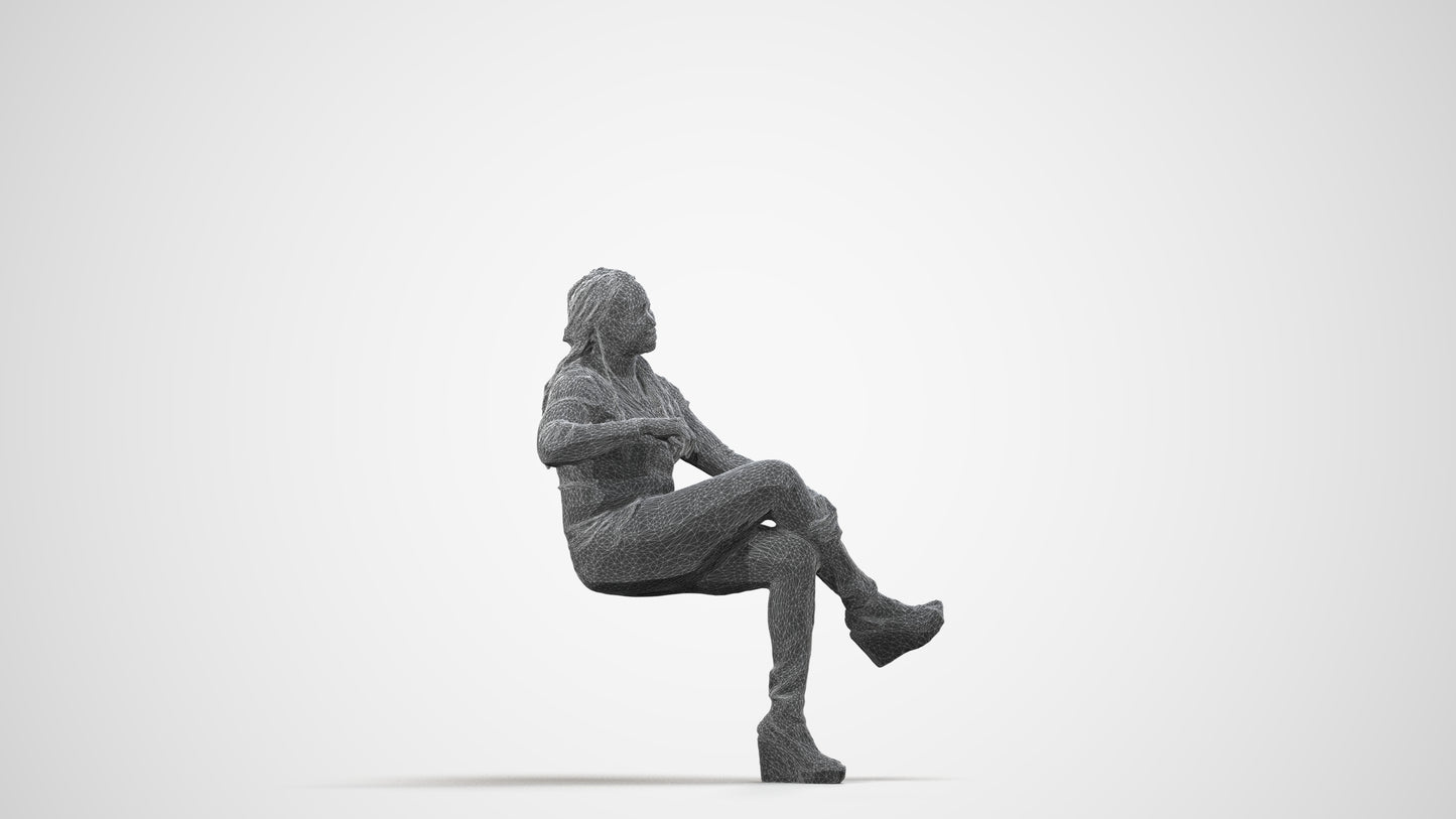 3D people model woman casual sitting, scanned human for 3ds Max rendering, wireframe side view