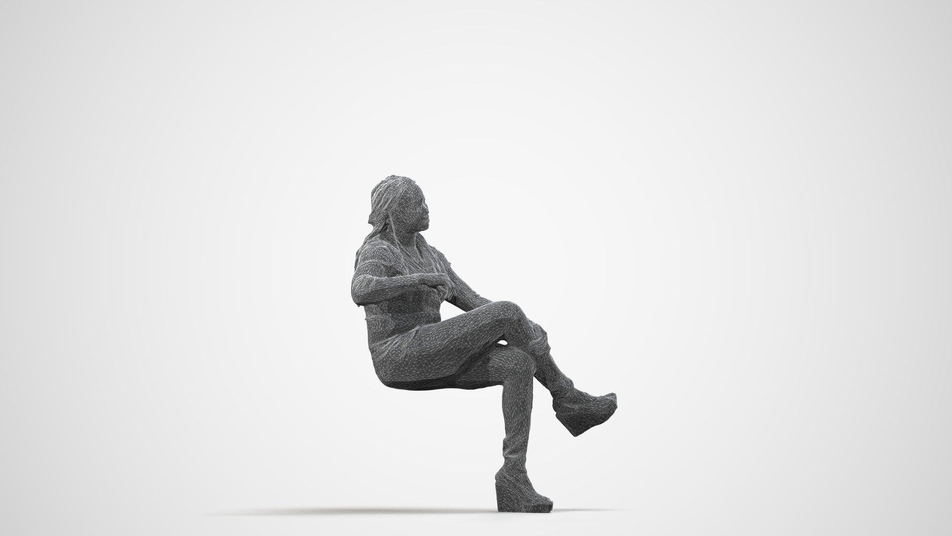 3D people model woman casual sitting, scanned human for 3ds Max rendering, wireframe side view