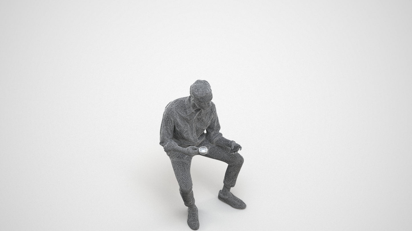 3D human model man casual sitting, photogrammetry scanned person for archviz, wireframe three-quarter view