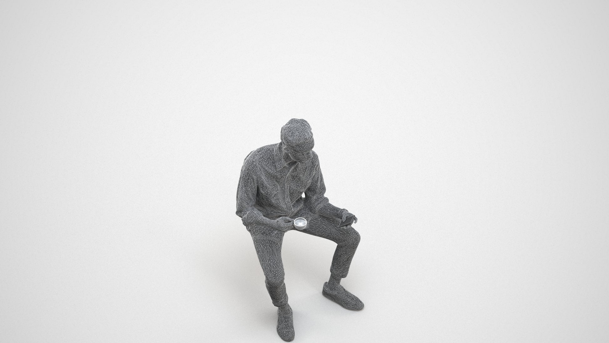 3D human model man casual sitting, photogrammetry scanned person for archviz, wireframe three-quarter view