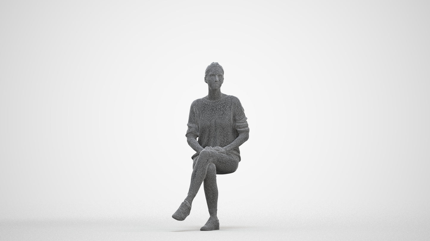 realistic 3D people woman casual sitting, render-ready for V-Ray and Corona, FBX OBJ, three-quarter front view render