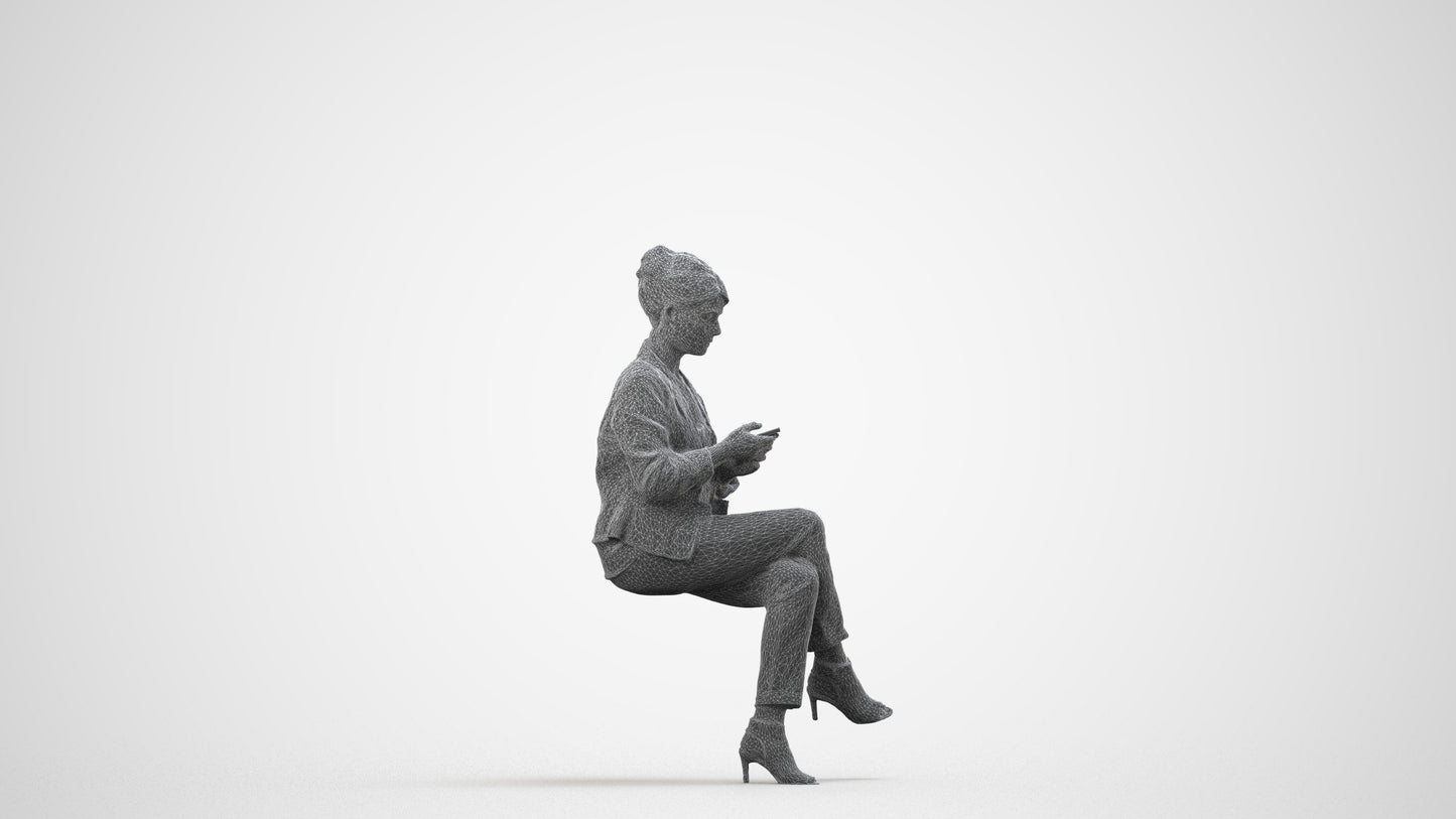 3D people model woman business sitting, scanned human for 3ds Max rendering, wireframe side view