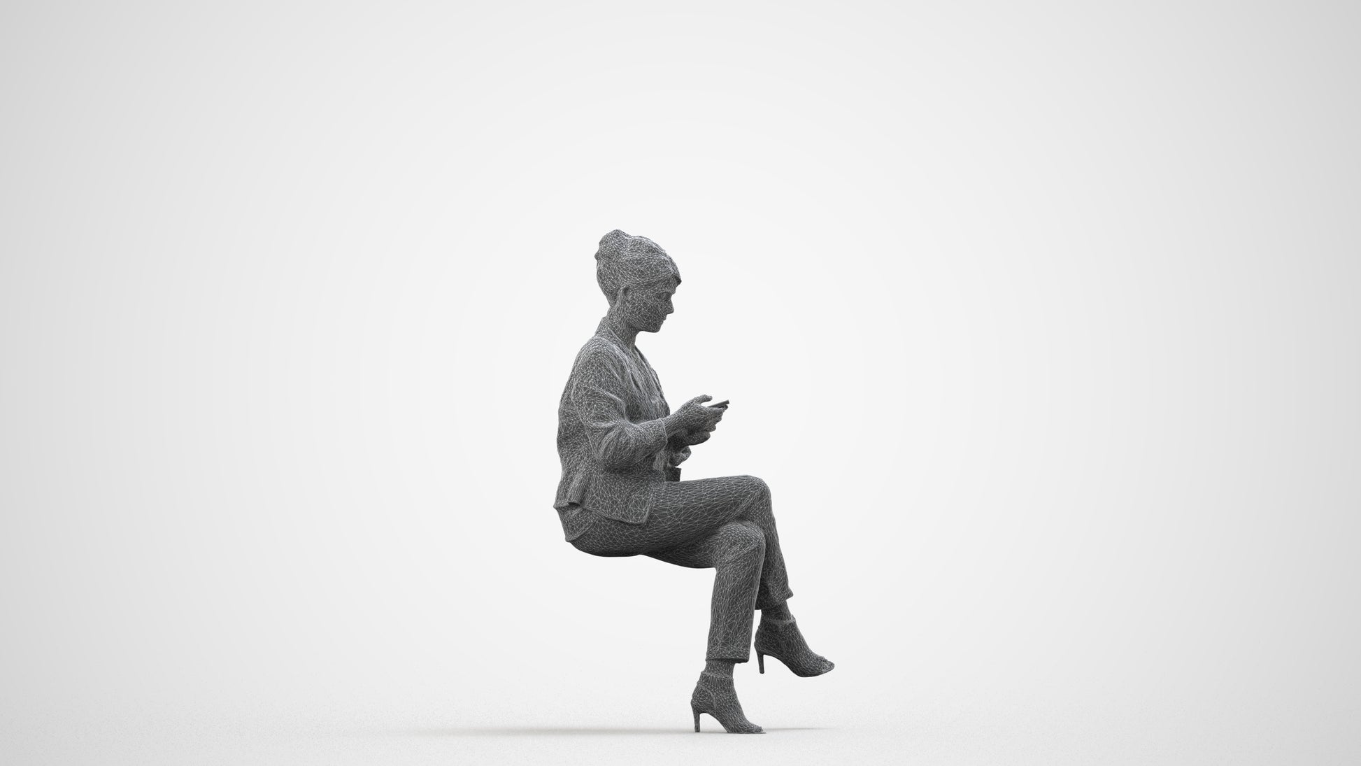 3D people model woman business sitting, scanned human for 3ds Max rendering, wireframe side view