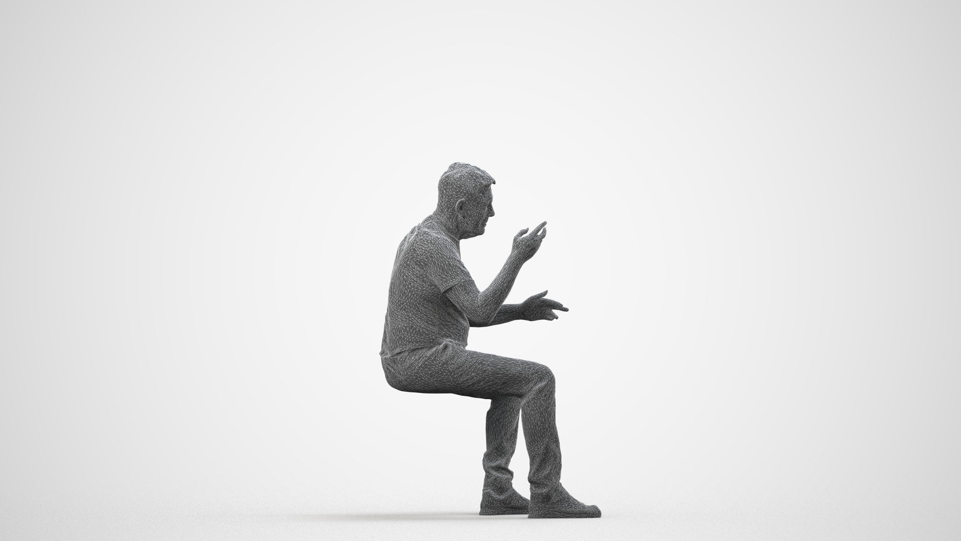 3D human model senior man casual sitting, photogrammetry scanned person for archviz, wireframe side view
